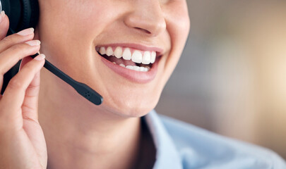 Mouth, woman and smile in call center for telemarketing, customer service or advisory help, CRM questions and FAQ contact. Closeup, face and microphone of happy sales agent for telecom or IT support