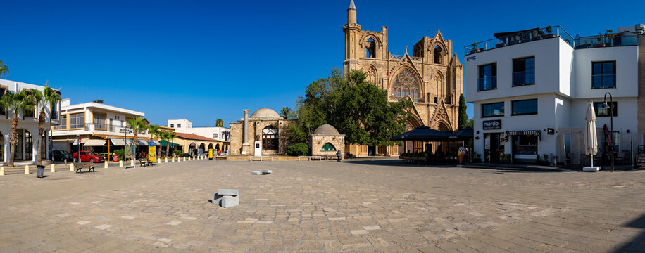 Panoramic view of Namik Kemal Square in the old town of Famagusta. Famagusta (Gazimagusa), Northern Cyprus - November 8 2023.