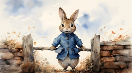 Vintage Watercolor painting of cute easter bunny in the garden standing next to fence