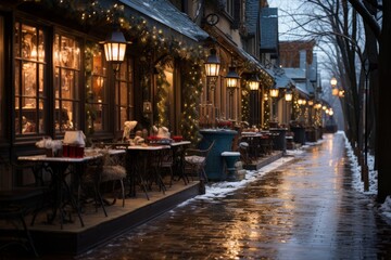 Fototapeta na wymiar A cozy evening street in a New Year's atmosphere