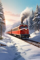 A red train rides on rails in the earthy white nature with a lot of snow on the background of tall trees, fir trees and mountains in nature. - obrazy, fototapety, plakaty