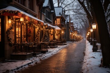 Fototapeta na wymiar A cozy evening street in a New Year's atmosphere