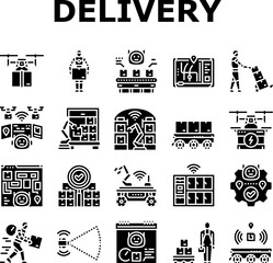 delivery autonomous robot icons set vector. technology transport, vehicle transportation, industry autonomous automatic business delivery autonomous robot glyph pictogram Illustrations