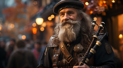 scotsman playing the bagpipes outdoors for tourists - obrazy, fototapety, plakaty