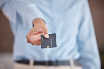 Business hands, credit card and giving, offer or payment with digital money, commerce or a...