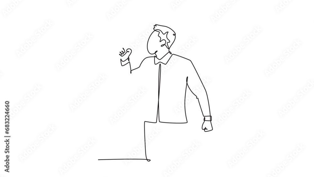 Poster animated self drawing of continuous line draw of young eagerness businessman shouting loudly using m