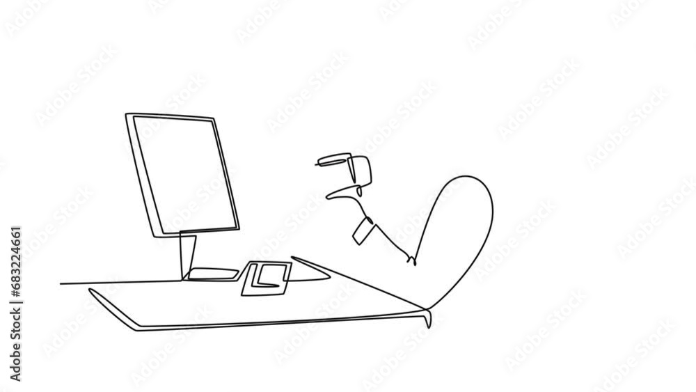 Aufkleber self drawing animation of single line draw young of furious male manager screaming loud on monitor c