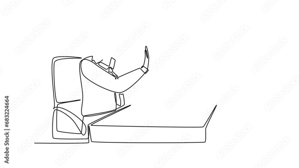 Aufkleber self drawing animation single line draw young frightened businessman keep of himself from monitor co