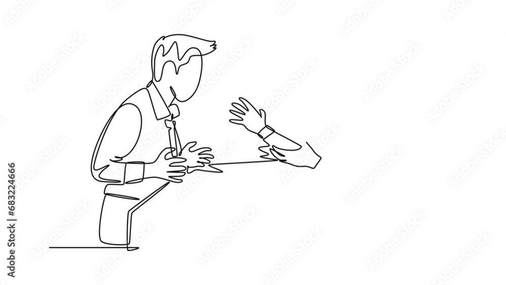 Poster self drawing animation of single line draw young angry businessman screaming to his shouting busines