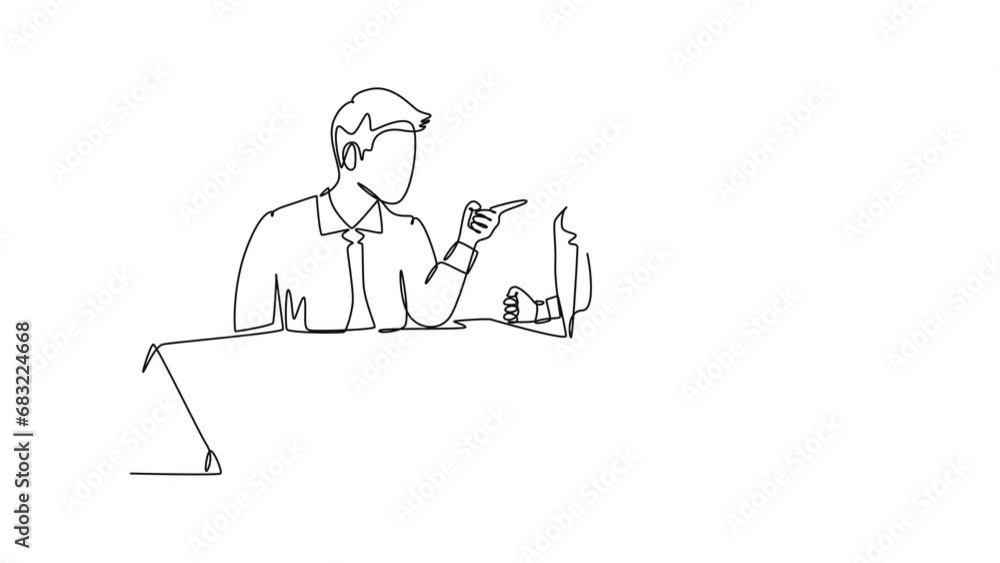 Aufkleber self drawing animation single line draw young angry businessman pointing finger to his shouting coll