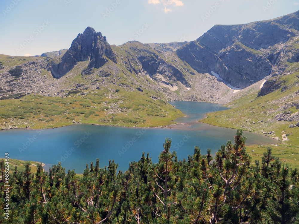 Wall mural summer. sunny day. picturesque view of the mountain rila and the twin lake (bliznaka).