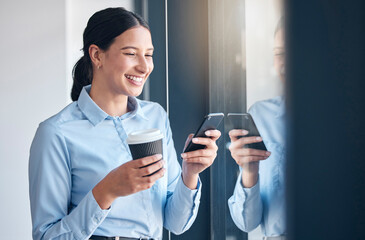 Happy business woman, coffee and phone for communication, social media or networking at office. Female person or employee smile with latte or cappuccino on mobile smartphone in online chat or texting