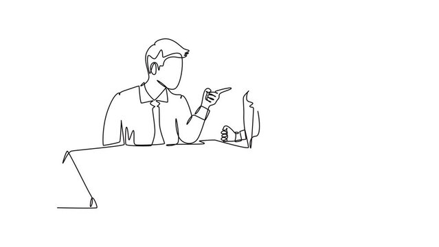 Self drawing animation single line draw young angry businessman pointing finger to his shouting colleague then blaming each others. Business problem concept. Continuous line draw. Full length animated