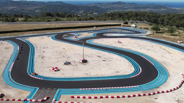 Go-Karts Racers Racing At Circuit Paul Ricard In Le Castellet, Var, France. - aerial shot