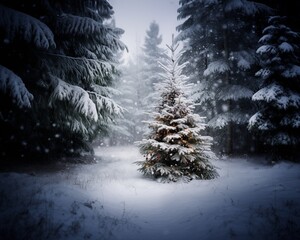 Decorated Christmas tree in the middle of the snowy pine forest