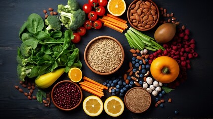 Health food for fitness concept with fruit, vegetables, pulses, herbs, spices, nuts, grains and pulses. High in anthocyanins, antioxidants, generative ai