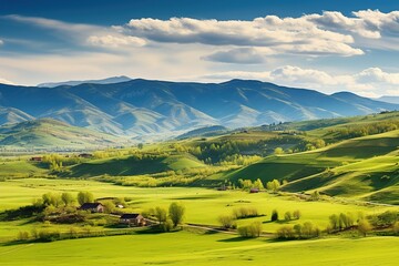 Beautiful landscape with green meadows and blue sky with clouds.