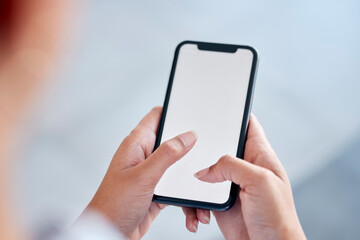 Business woman, phone and hands on mockup screen for communication, social media or networking at office. Closeup of female person or employee typing on mobile smartphone display for app at workplace