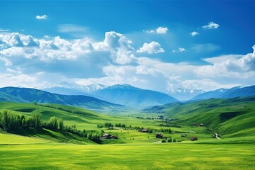 Fototapeta na wymiar Beautiful landscape with green meadows and blue sky with clouds.
