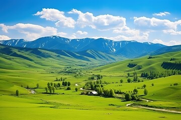 Obraz premium Beautiful landscape with green meadows and blue sky with clouds.