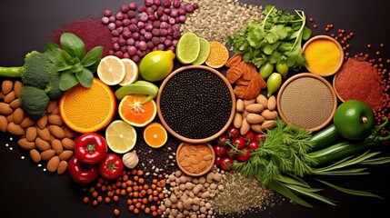 Health food for fitness concept with fruit, vegetables, pulses, herbs, spices, nuts, grains and pulses. High in anthocyanins, antioxidants, generative ai