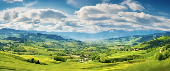 Beautiful landscape with green meadows and blue sky with clouds.