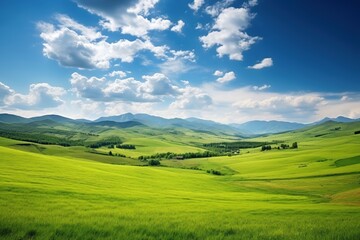 Beautiful landscape with green meadows and blue sky with clouds.
