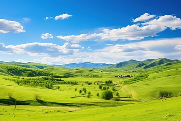 Obraz premium Beautiful landscape with green meadows and blue sky with clouds.