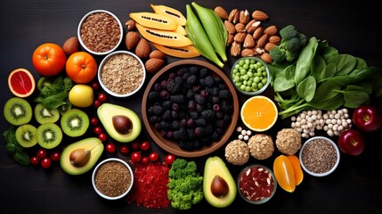 Health food for fitness concept with fruit, vegetables, pulses, herbs, spices, nuts, grains and pulses. High in anthocyanins, antioxidants, generative ai