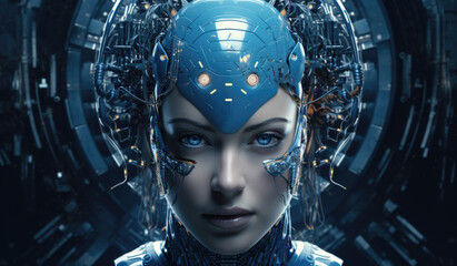 Futuristic robot woman with visible circuits. Concept blends human likeness with advanced technology. - obrazy, fototapety, plakaty