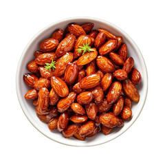 Top view of bowl of candied almonds Isolated on Transparent or White Background, PNG