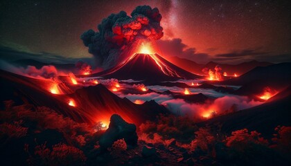 Fuego y Furia: Erupción bajo la Noche Estrellada - obrazy, fototapety, plakaty