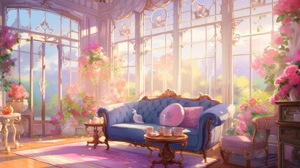 Luxurious victorian room with ornate decor, bathed in sunlight, lush blooming flowers around. Interior design and decor. - obrazy, fototapety, plakaty