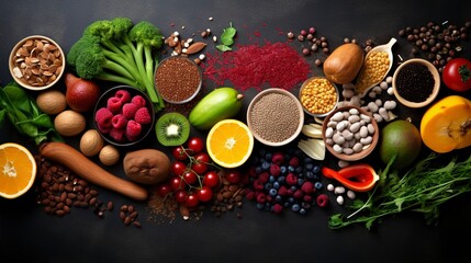 Obraz na płótnie Canvas Health food for fitness concept with fruit, vegetables, pulses, herbs, spices, nuts, grains and pulses. High in anthocyanins, antioxidants, generative ai