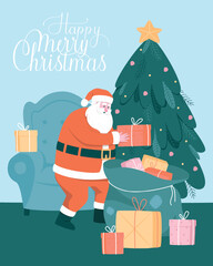Postcard with Santa Claus collecting gifts for children in a bag. Merry Christmas inscription. Residence of Father Frost. Christmas card. Flat vector illustration.