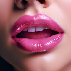 Obraz premium beautiful woman lips open with red lipstick up close Ai generative