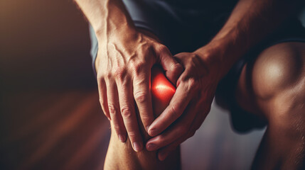Close-up of a male knee with a point of pain. Knee joint pain, ointments, balms and therapeutic exercise for pain when walking and running.