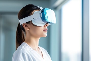Doctor woman with virtual reality headset working in a hospital. Modern AI technologies in science and medicine.