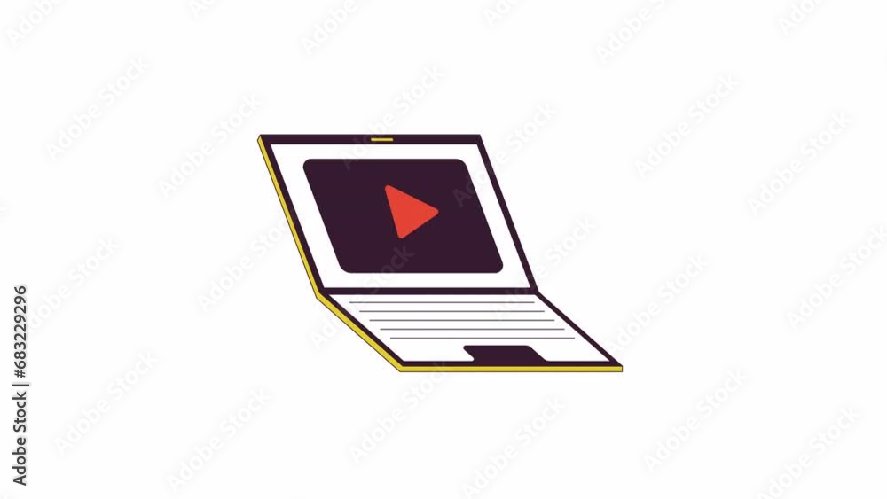 Poster video player on laptop line 2d object animation. live stream app on portable computer flat color car