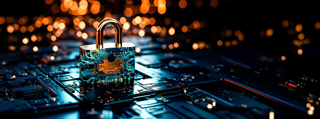 A padlock on electronic circuits or microchips. Cybersecurity Concept