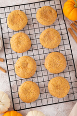 Pumpkin cinnamon cookies with cream cheese filling. Pumpkin snickerdoodle cookies. Food for Thanksgiving or Halloween.