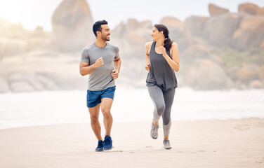 Fototapeta premium Couple of friends, running and exercise by ocean in fitness training, accountability and cardio for race or support. Happy plus size woman, man or personal trainer by beach or outdoor for workout