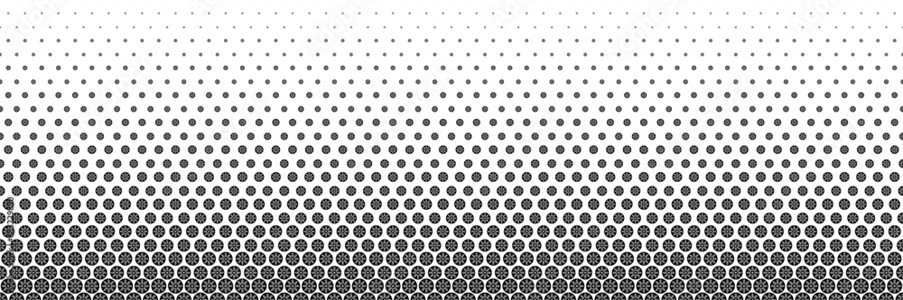 Poster horizontal black halftone of white snow flake in black circle design for pattern and background.