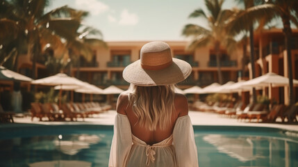  Back view of young stylish woman with long blond hair wearing straw hat on her vacation at a beautiful resort, standing by a warm summer swimming pool with blue water on a sunny day. Vacation,vintage