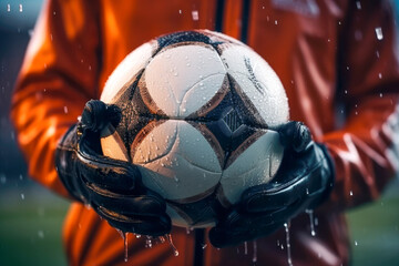 Close-up of a soccer ball in the hands of a football goalkeeper