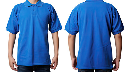 Blank collared shirt mock up template, front and back view, Asian teenage male model wearing plain blue t-shirt isolated on white background. Polo tee design mockup presentation 