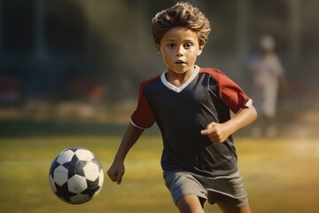 Obraz premium Boy playing football in the yard of the house