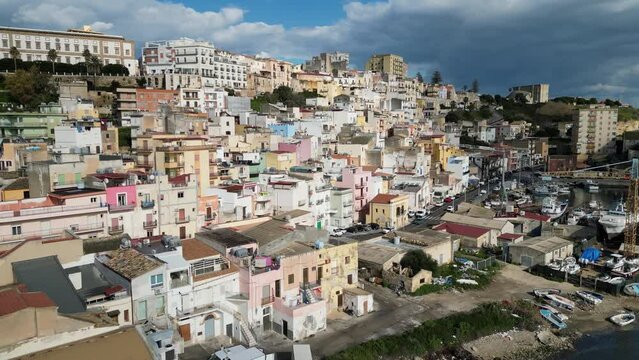 Aerial view of colorful houses and other buildings in Sciacca, a charming fishing town in Southern Sicily Italy
