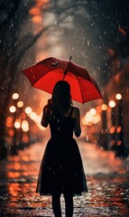 Young woman with red umbrella in the rain with AI