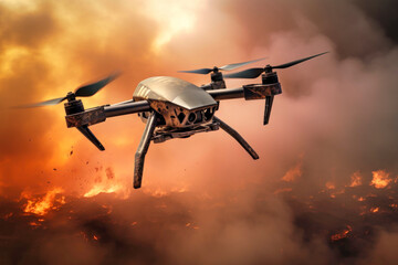Military drone in flight observing positions. An unmanned aerial vehicle against the background of an explosion. War. Intelligence service. Modern weapons.